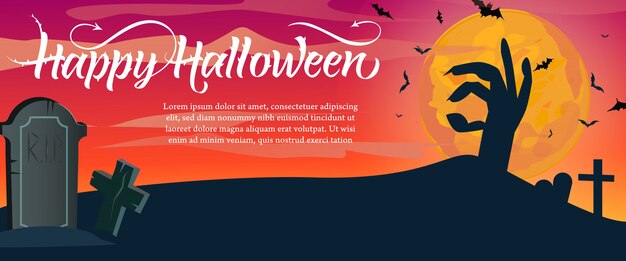 Happy Halloween lettering, sample text and cemetery