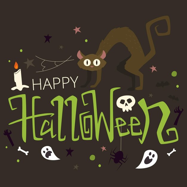 Happy halloween lettering with cat