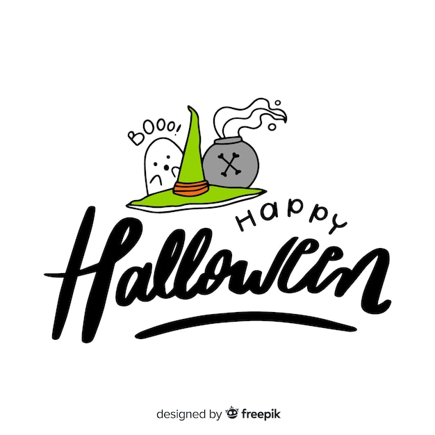 Happy halloween lettering with ghost and witch hat