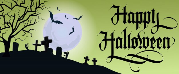 Happy Halloween lettering with moon and graveyard