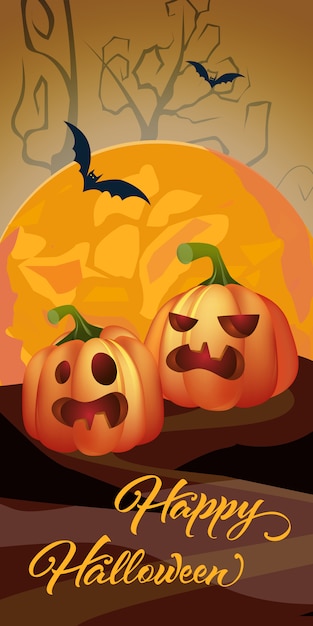 Free vector happy halloween lettering with orange moon and pumpkins