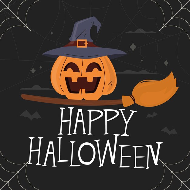 Happy halloween lettering with pumpkin and broom