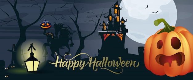 Felice lettering di halloween con zucca, luna e castello