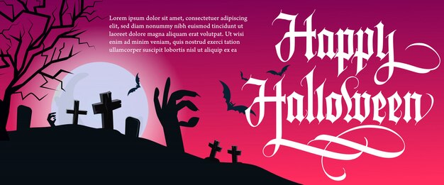 Счастливые буквы Хэллоуина с деревом и кладбищем
