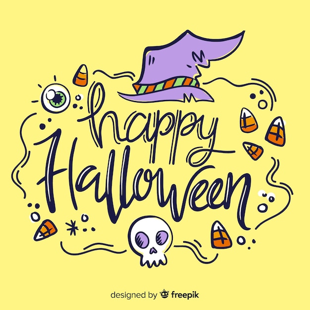 Free vector happy halloween lettering with witch hat