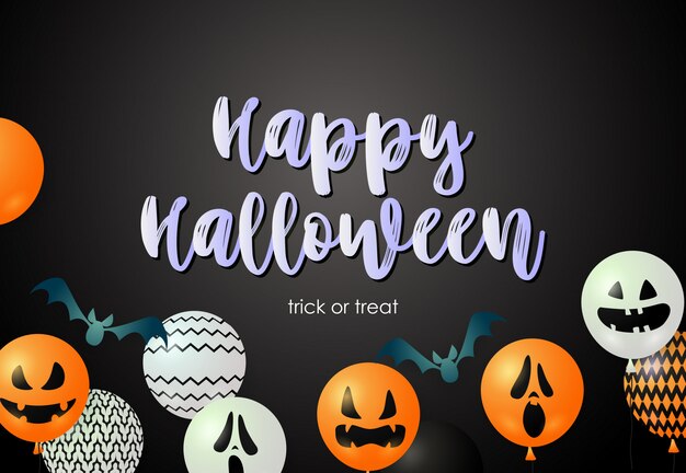 Happy Halloween lettering with with bats and ugly mask balloons 