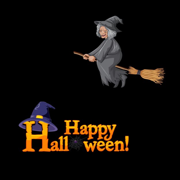 Счастливый хэллоуин логотип с мультипликационным персонажем старой ведьмы