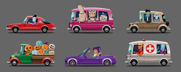 Set di auto con guida del personaggio del mostro di halloween felice