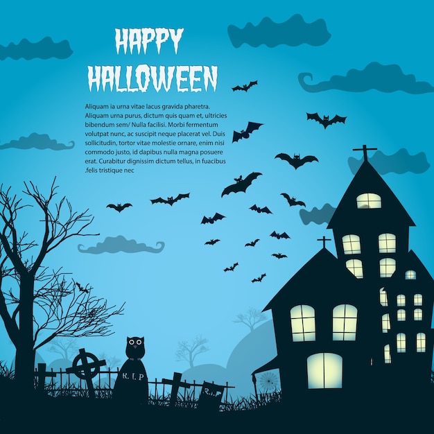 Happy halloween night poster with silhouette of castle near cemetery and flying bats flat