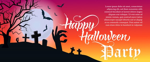 Счастливый Хэллоуин с надписью с кладбищем и деревом