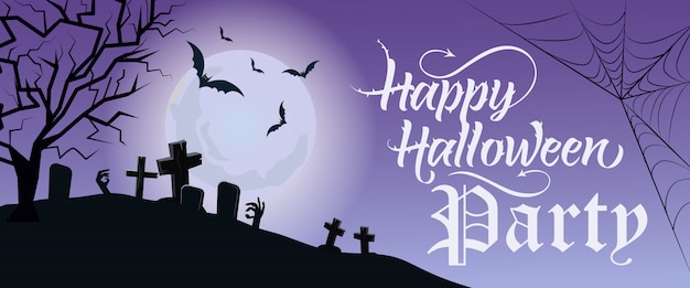 Надпись на празднике хэллоуина с луной и кладбищем