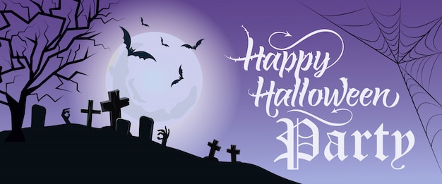 Free vector happy halloween party lettering with moon and cemetery