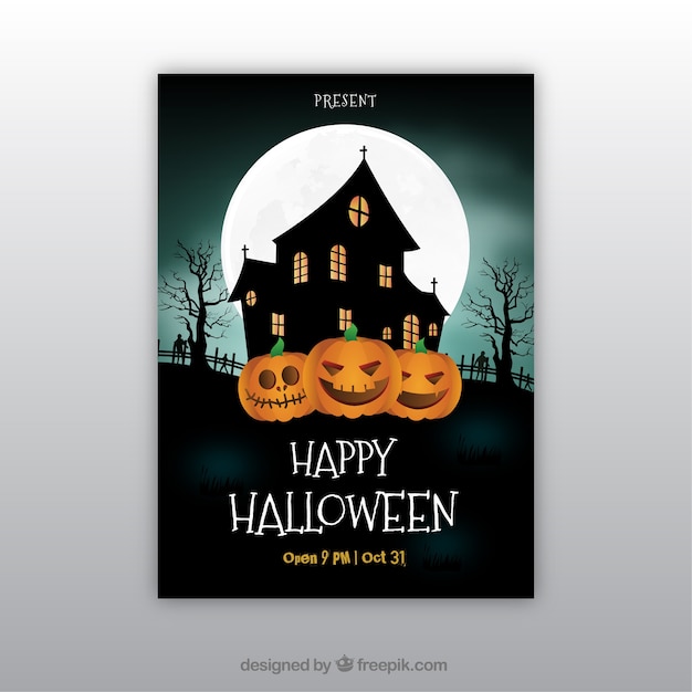 Happy halloween poster with haunted house and pumpkins