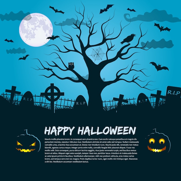 Happy Halloween poster with silhouette of dead tree at moon night sky and place for invitation text flat