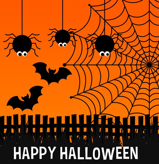 Happy halloween poster with spiders and web