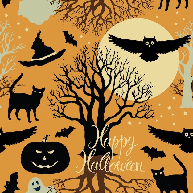 Happy Halloween, pumpkins, bats and cats. Black trees and a bright moon on a yellow background