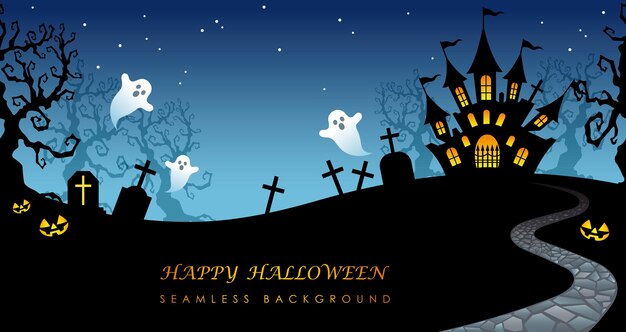 Happy Halloween  Seamless Background Illustration With Haunted Mansion, Cemetery, And Text Space.