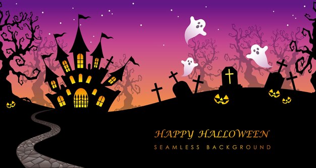 Happy Halloween  Seamless Background Illustration With Haunted Mansion, Cemetery, And Text Space.