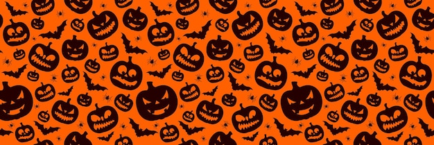 Free vector happy halloween seamless pattern illustration with cute pumpkin and flying bats on orange background