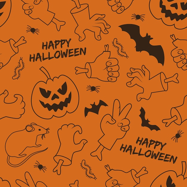 Happy halloween seamless pattern with lantern of jack hands and gestures animals on orange background