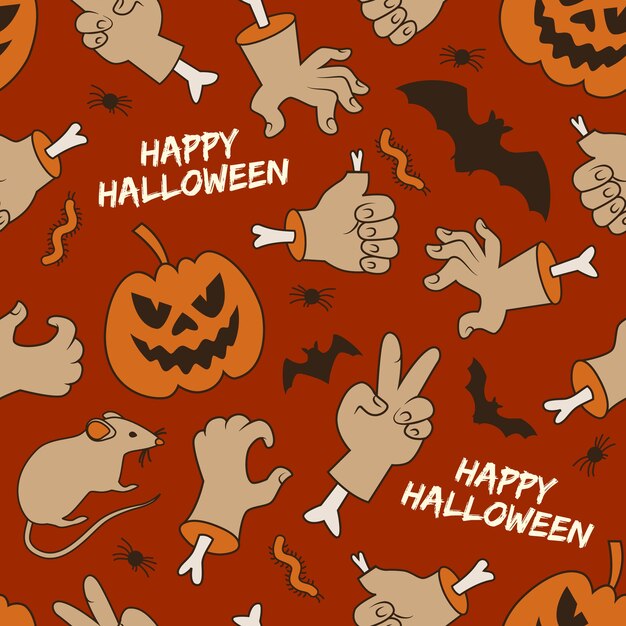 Happy halloween seamless pattern with lanterns of jack hands worms and bats on red background