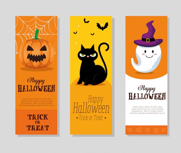 Free vector happy halloween set cards or banner set