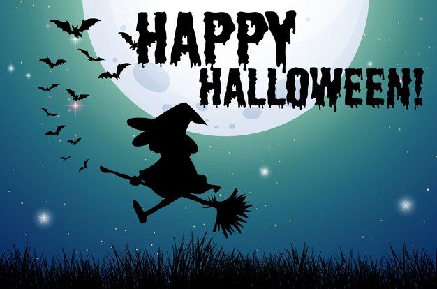 Free vector happy halloween sign with witch on broom