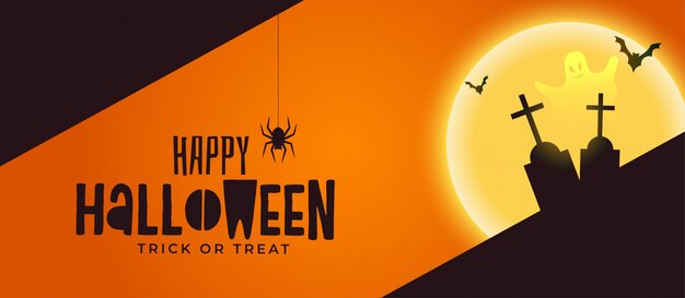 Happy halloween spooky banner with grave and ghost