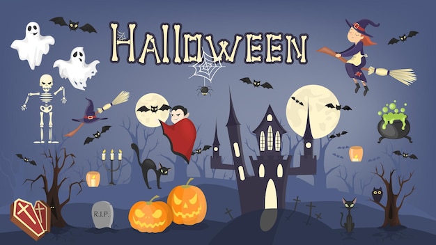 Happy Halloween sticker set for flyer vampire and witch awl and bat pumpkin and castle