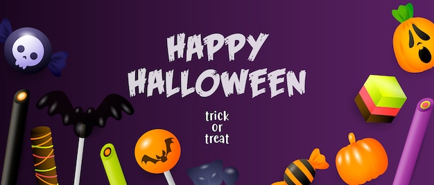 ハッピーハロウィン、トリックオアトリートのお菓子とレタリング