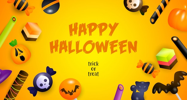 Happy halloween, trick or treat lettering, cakes and candies