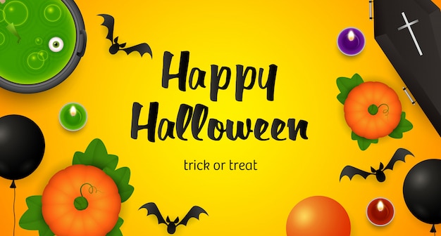 Happy halloween, dolcetto o scherzetto lettering, calderone e pipistrelli