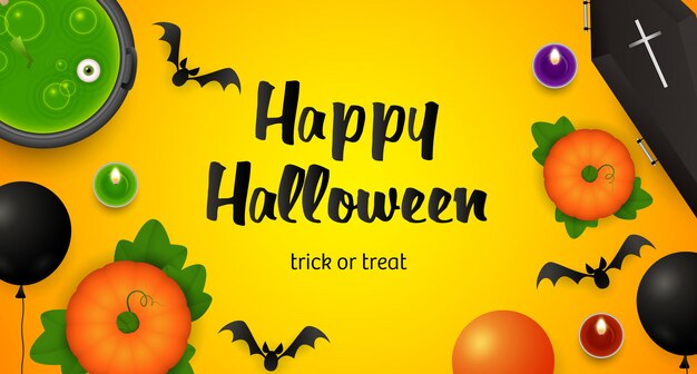 Happy Halloween, Trick or Treat lettering, cauldron and bats