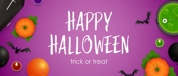 Happy halloween, trick or treat lettering, cauldron and potion