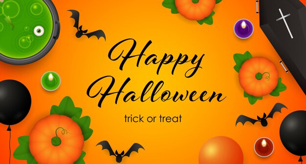 Happy Halloween, Trick or Treat lettering, cauldron with potion