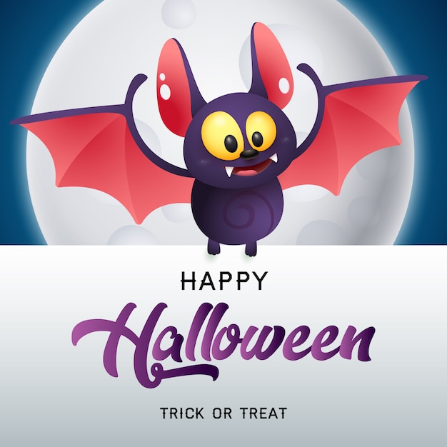 Vettore gratuito happy halloween, dolcetto o scherzetto lettering con pipistrello e luna