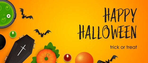 Happy Halloween, Trick or Treat lettering with bats and potion