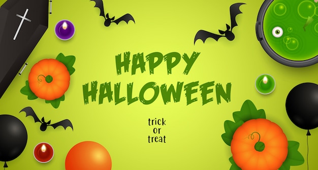 Happy halloween, dolcetto o scherzetto lettering con pozione e pipistrelli