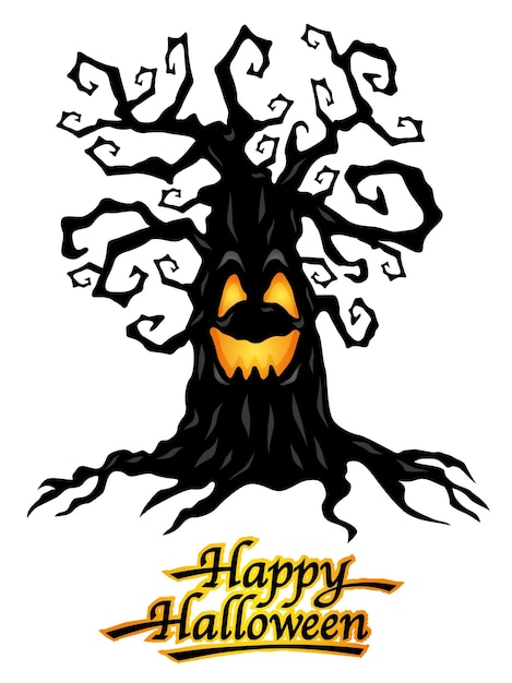 Happy Halloween Vector Haunted Tree Illustration Isolated On A White Background.