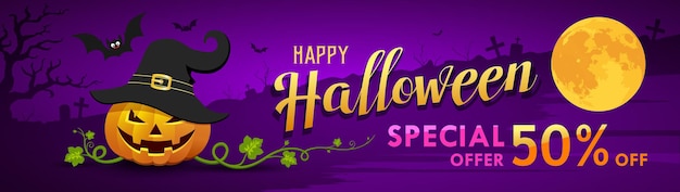 Happy halloween vector for sale banner pumpkin with bat on moon night purple background