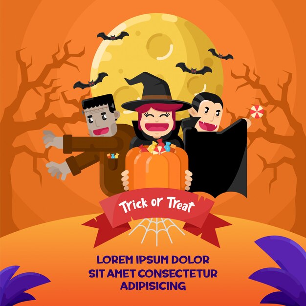 ハッピーハロウィン 魔女 吸血鬼 フランケンシュタインの衣装フラットイラスト プレミアムベクター