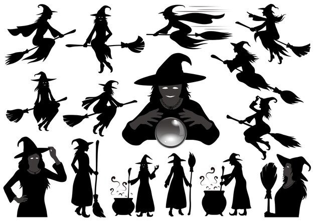 ハッピー ハロウィン魔女ベクトル シルエット イラスト セットは、白い背景で隔離。