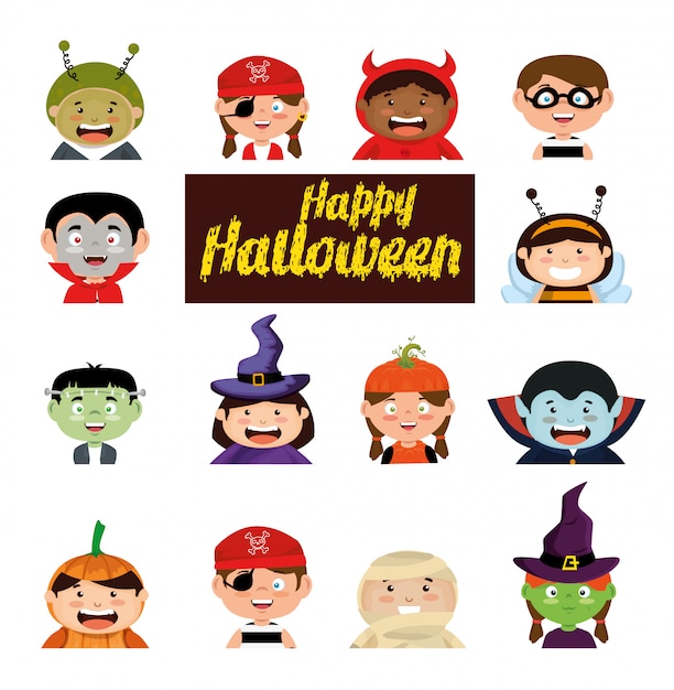 Free vector happy halloween with costume children set