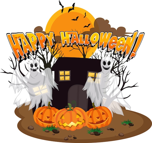 Free vector happy halloween with ghost and jack-o'-lantern