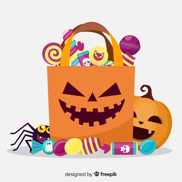 Happy halloween with sweets in a paper bag 