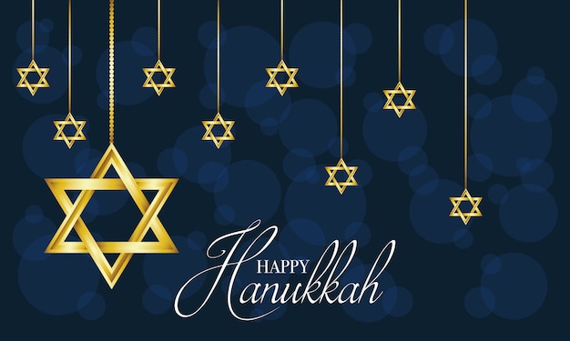 Happy hanukkah celebration card with stars hanging