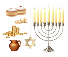 Happy hanukkah jewish festival celebration set with menora candelabrum lights six pointed david star symbols vector illustration