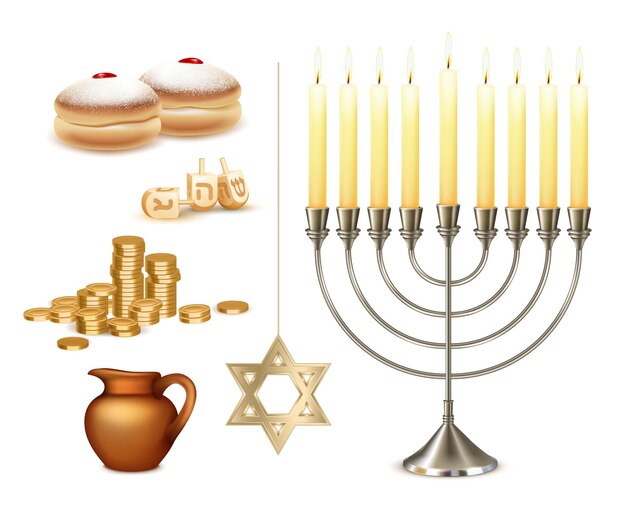 Happy hanukkah jewish festival celebration set with menora candelabrum lights six pointed david star symbols vector illustration