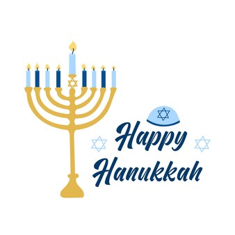 Happy hanukkah the jewish festival of lights menorah candle holder with lit candles and text
