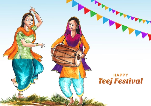 Happy hariyali teej festival with woman dancing card background